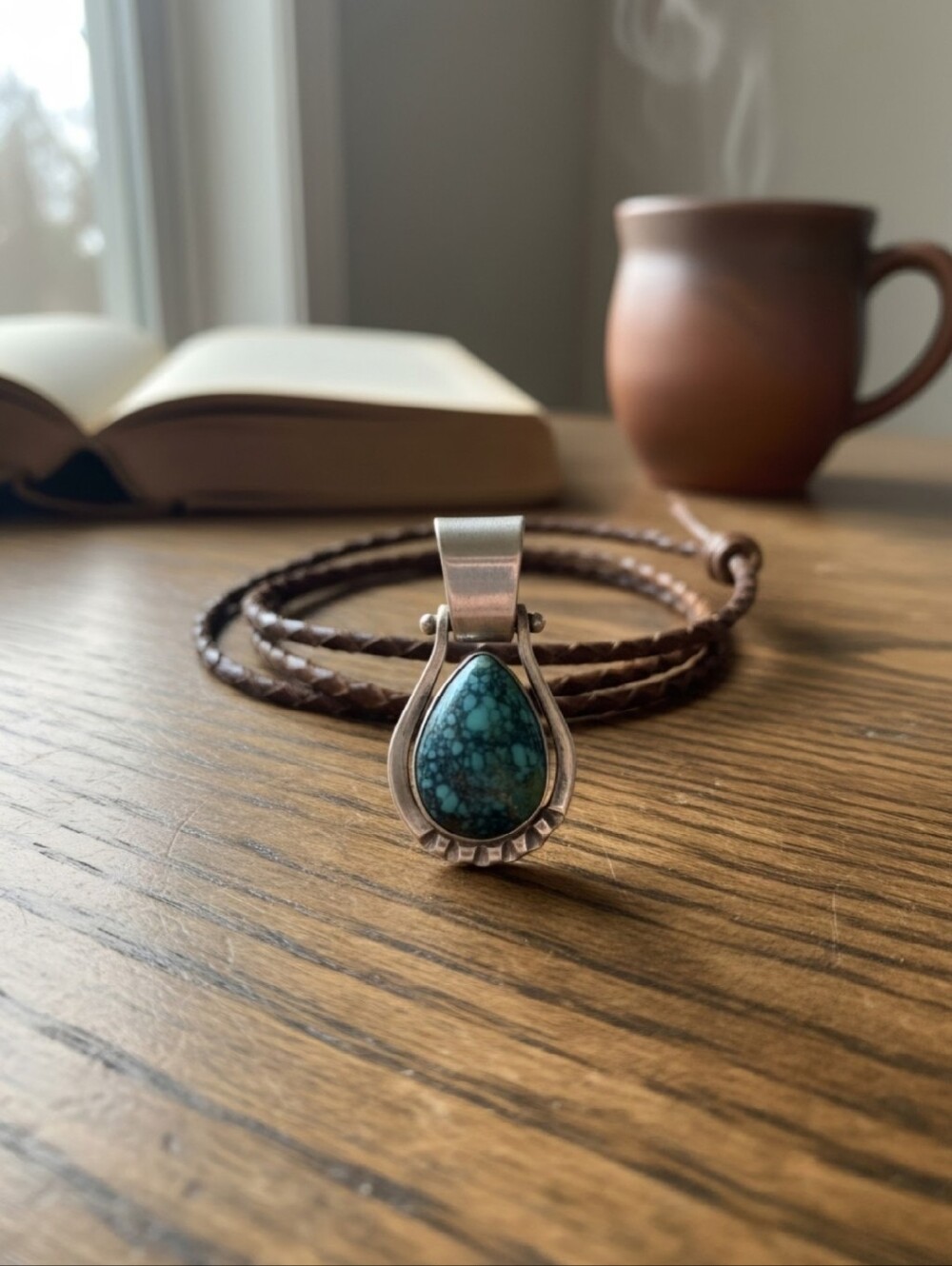 Vintage Spider Web Turquoise & Silver Teardrop Pendant